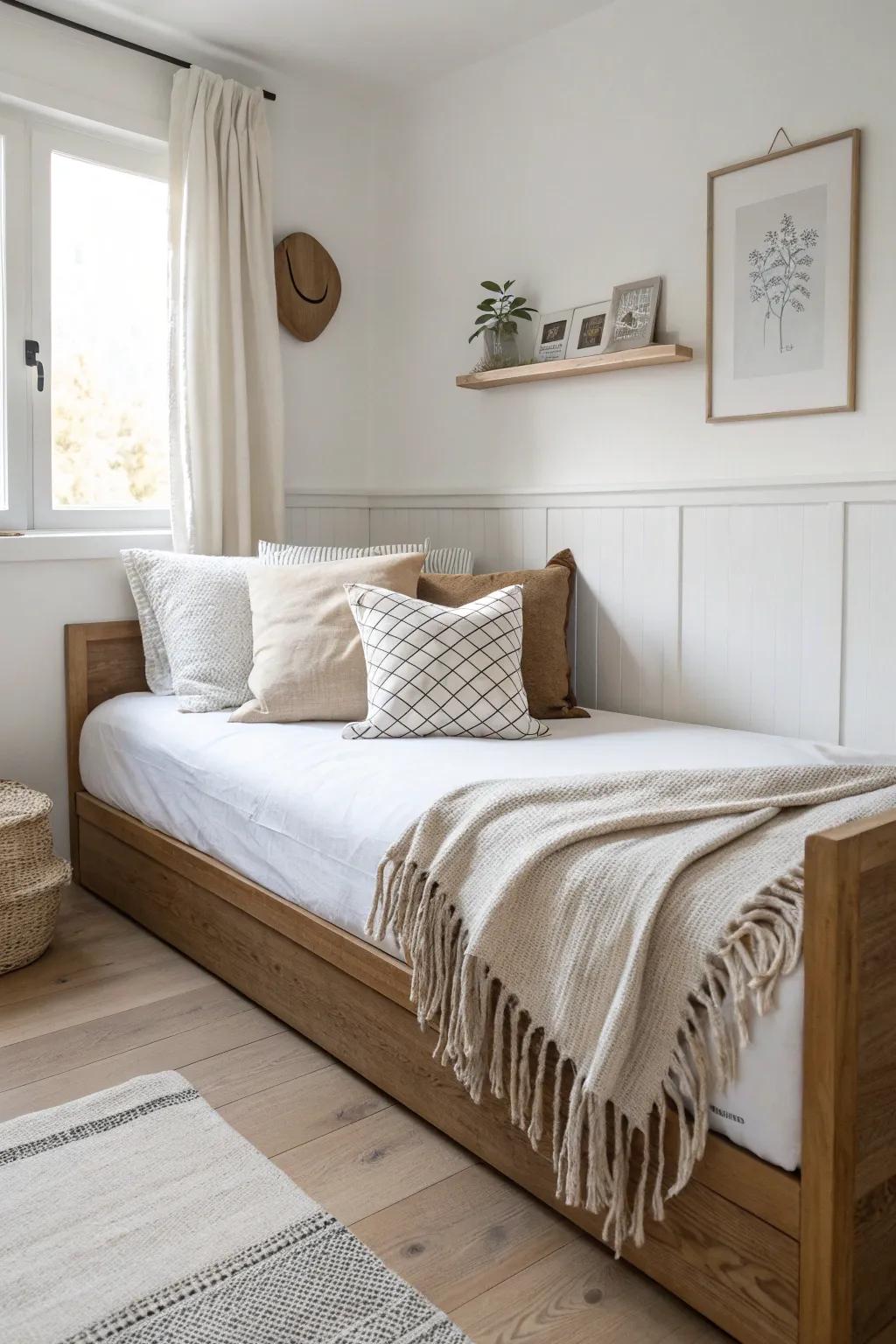 Corner bed, daybed vibes: a plush pillow wall turns a tight spot into a cozy lounge.