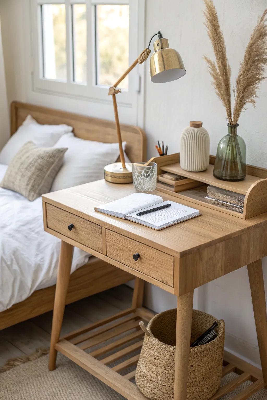 Swap one nightstand for a slim writing desk—work by day, cozy bedside styling by night.