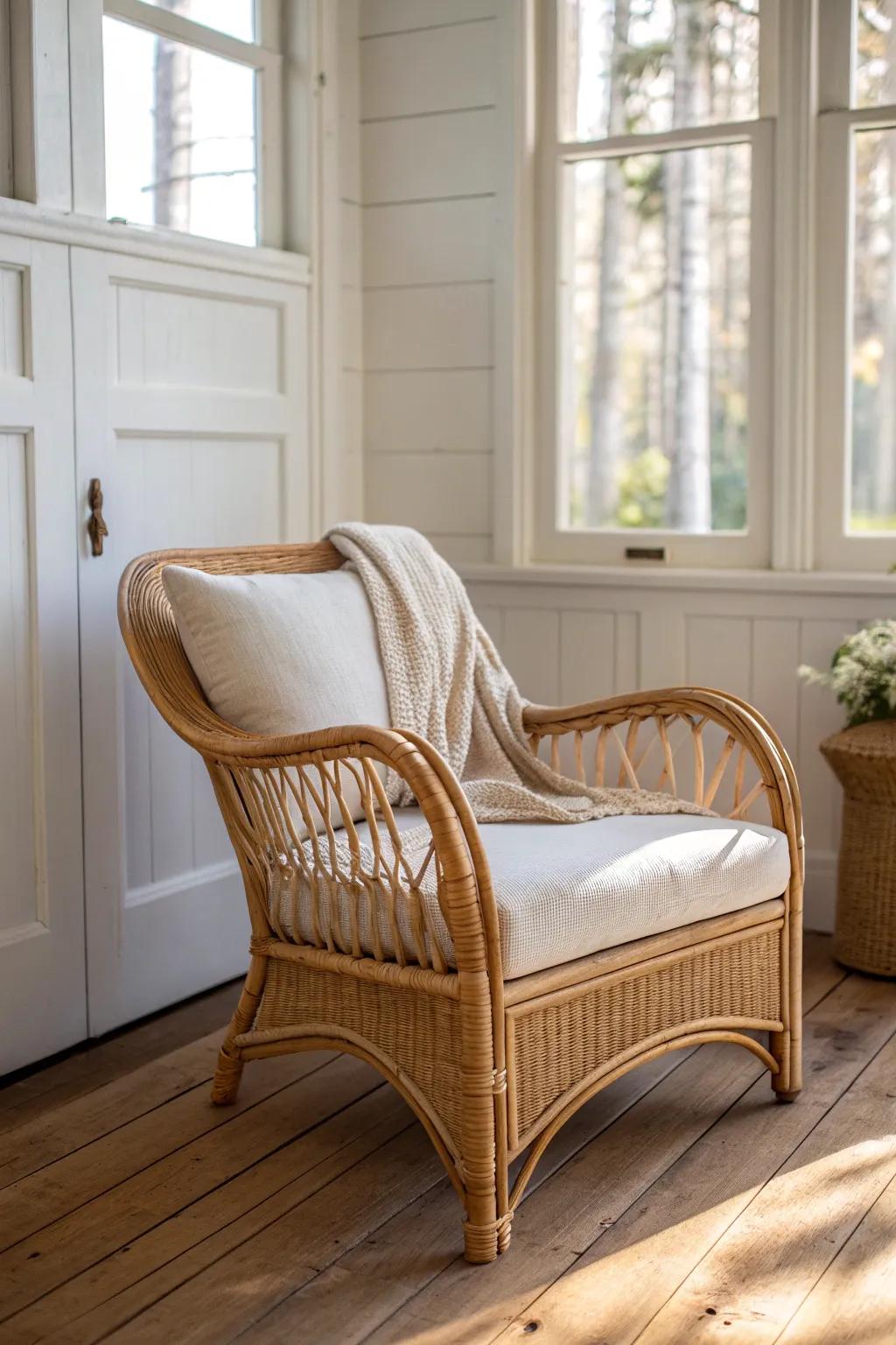 Airy wicker chair + linen cushion: the small sunroom seating trick that feels light and rustic.