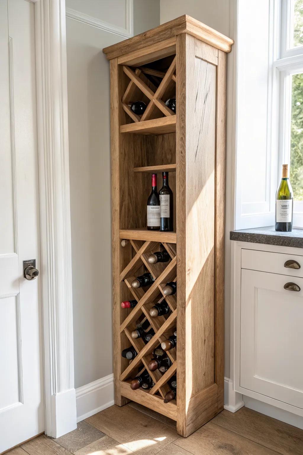 Closet-to-cellar: a slim rustic wood rack turns dead space into a cozy wine moment.