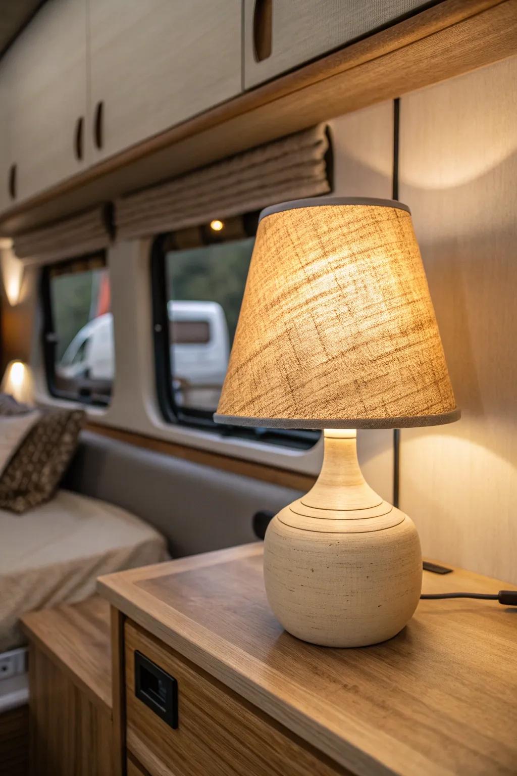 Warm bedside lamp glow instantly makes a tiny RV feel calm, cozy, and inviting at night.