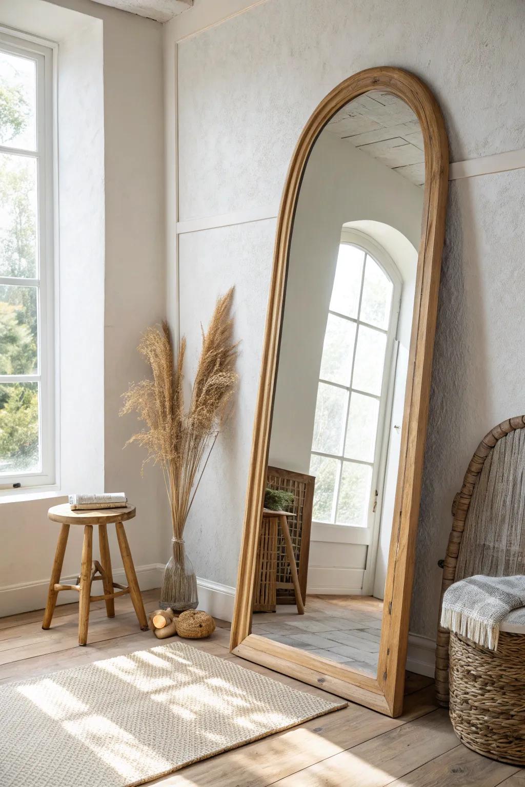Go big with an oversized mirror—instantly doubles a tiny salon corner and adds decor.