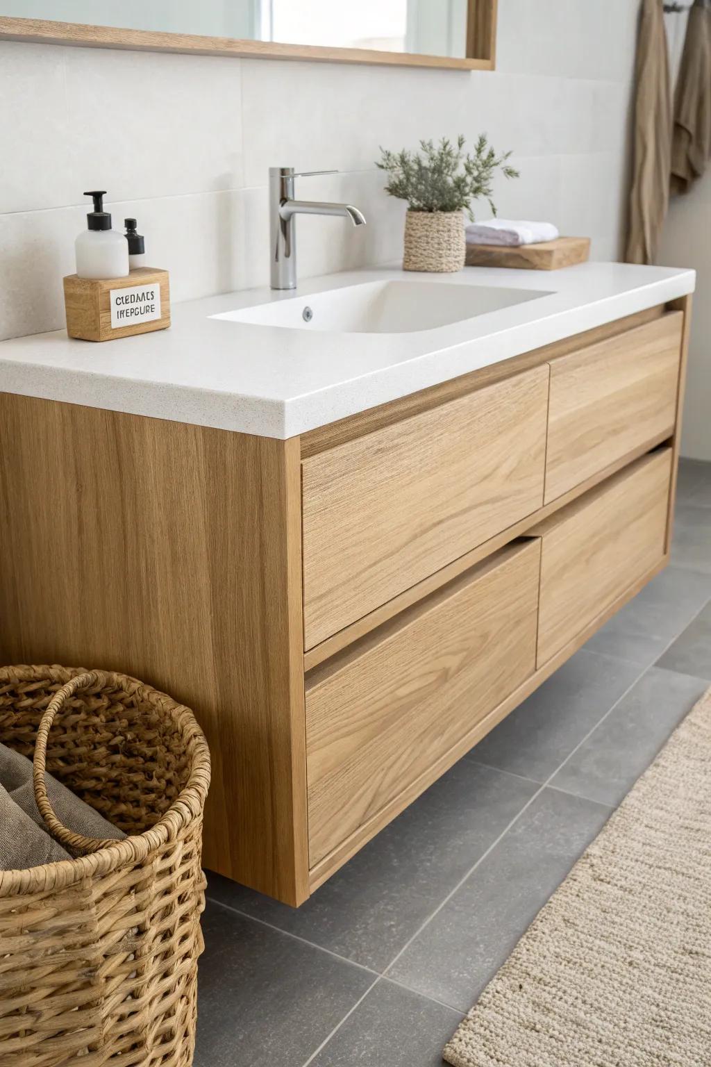 A floating light-wood vanity opens up floor space and instantly makes a small bathroom feel bigger.