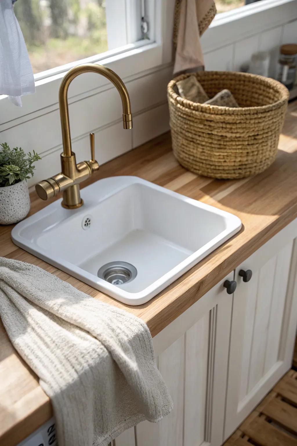 A compact prep sink keeps dishes contained—an easy upgrade for a small, efficient scullery.