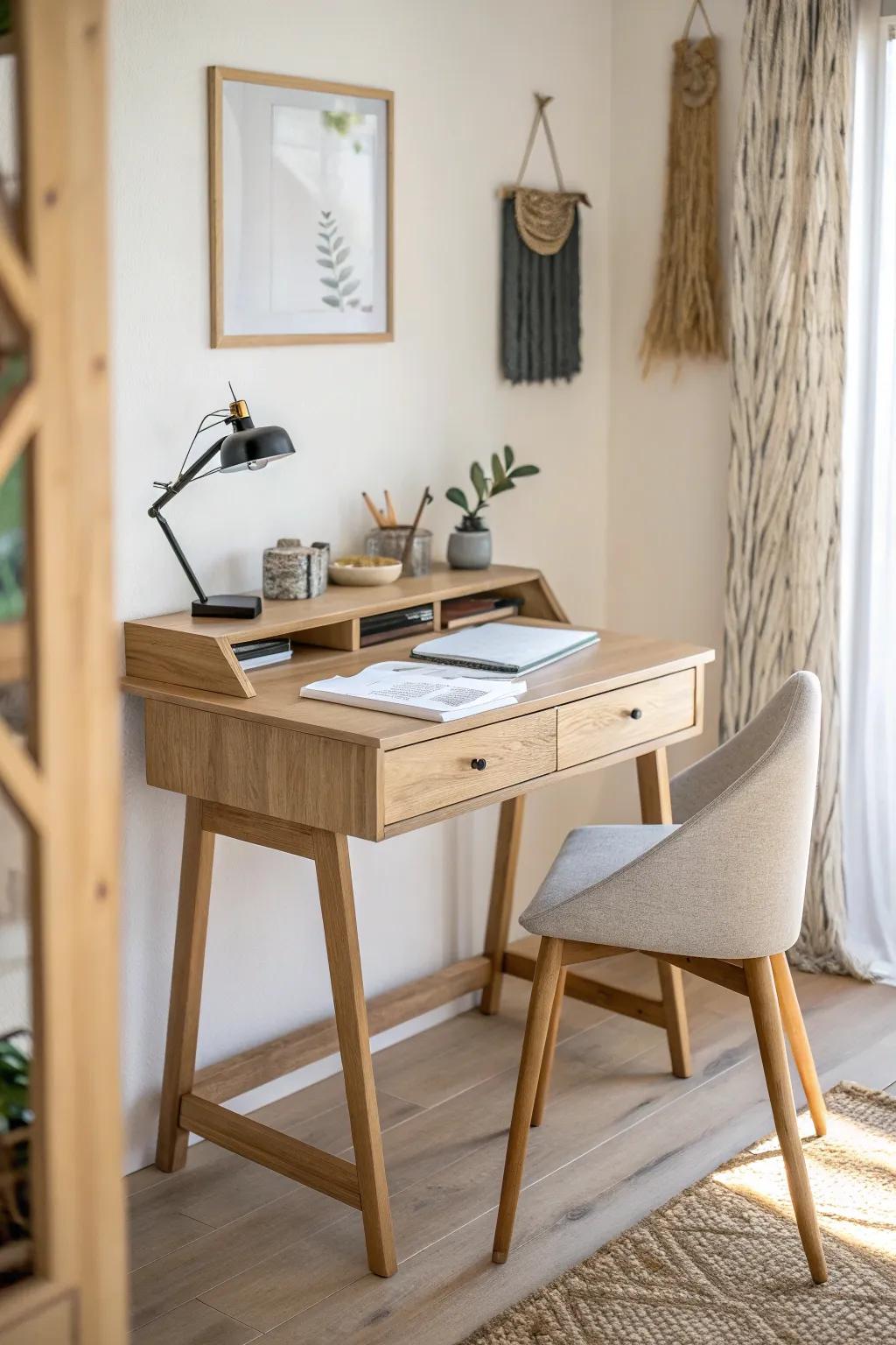 Warm white walls + a light oak desk make even a tiny shed office feel open and calm.
