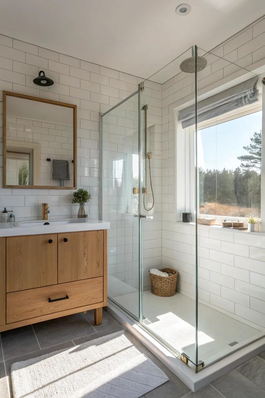 Frameless clear glass makes tiny showers feel open—and cuts down on grime-catching edges.