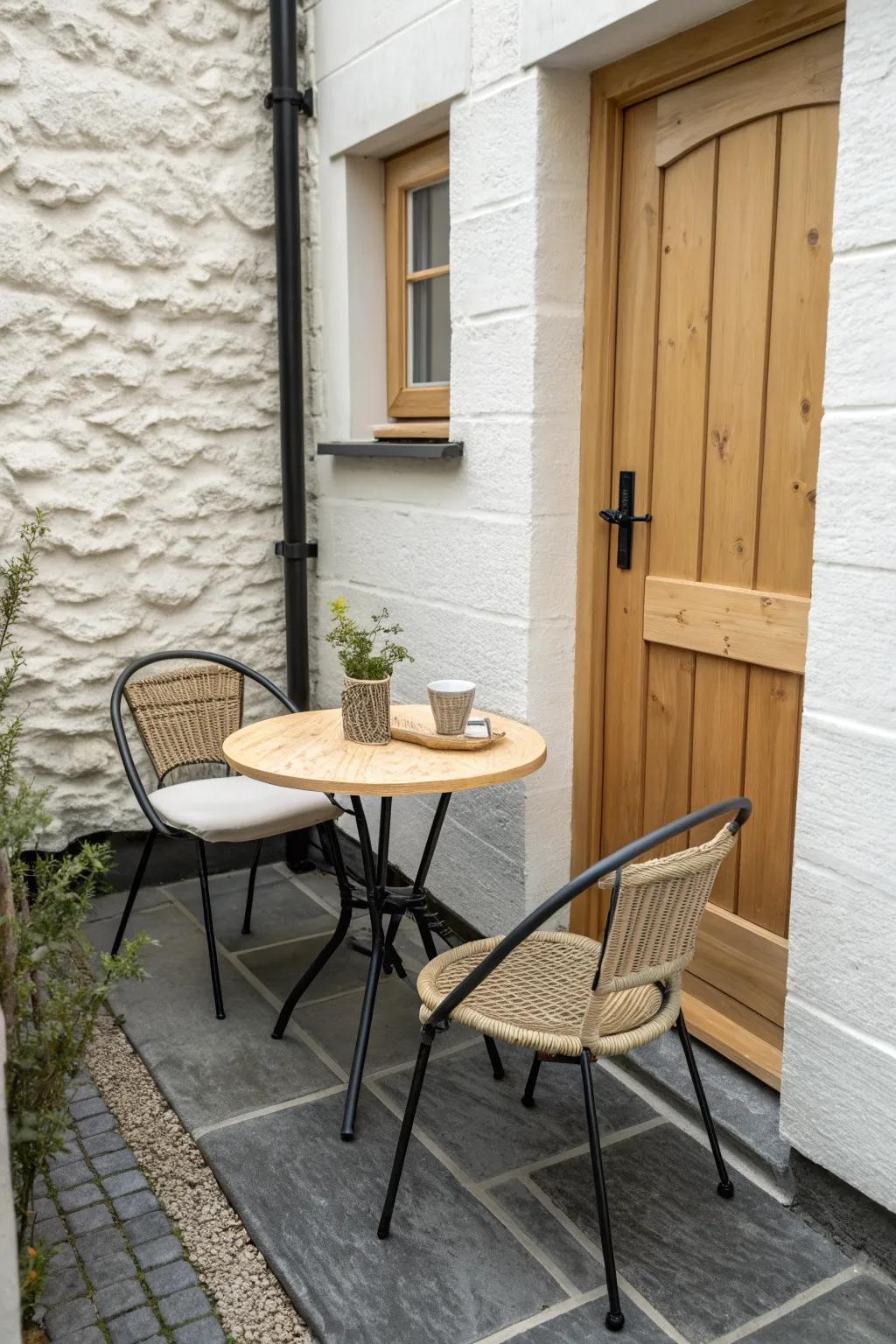 A tiny bistro set by the back door turns a narrow side yard into a daily coffee spot.