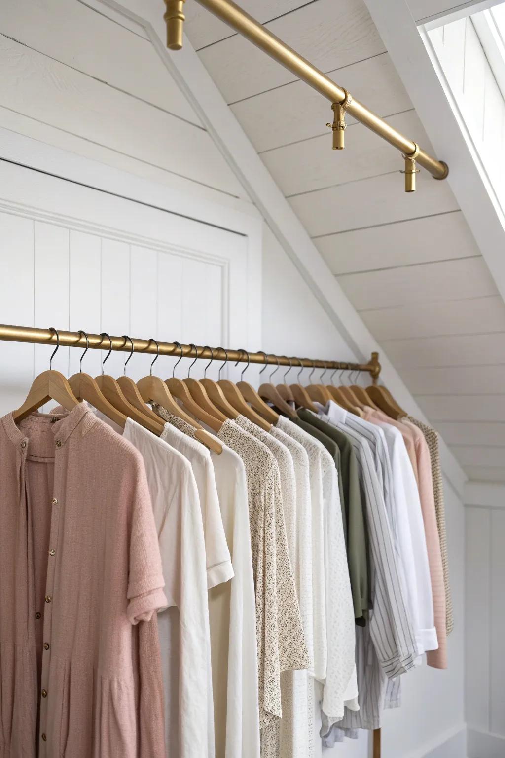Staggered double rods turn a slanted attic closet into a tailored, space-smart wardrobe.