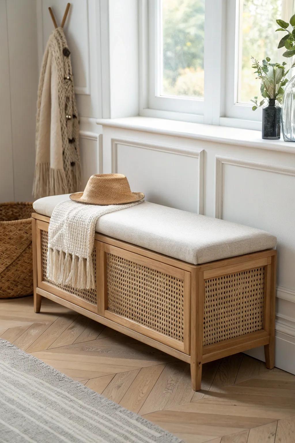 Double-duty ottoman: cozy seating on top, hidden storage inside—perfect for tiny spaces.
