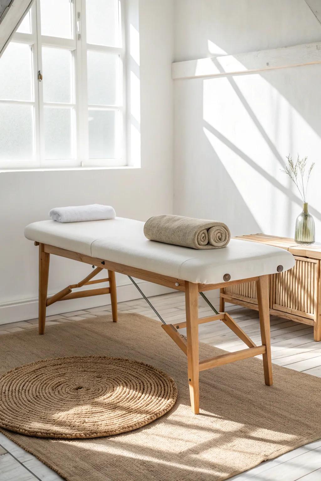 Float the massage table off-center to create a calm walking lane in the smallest room.