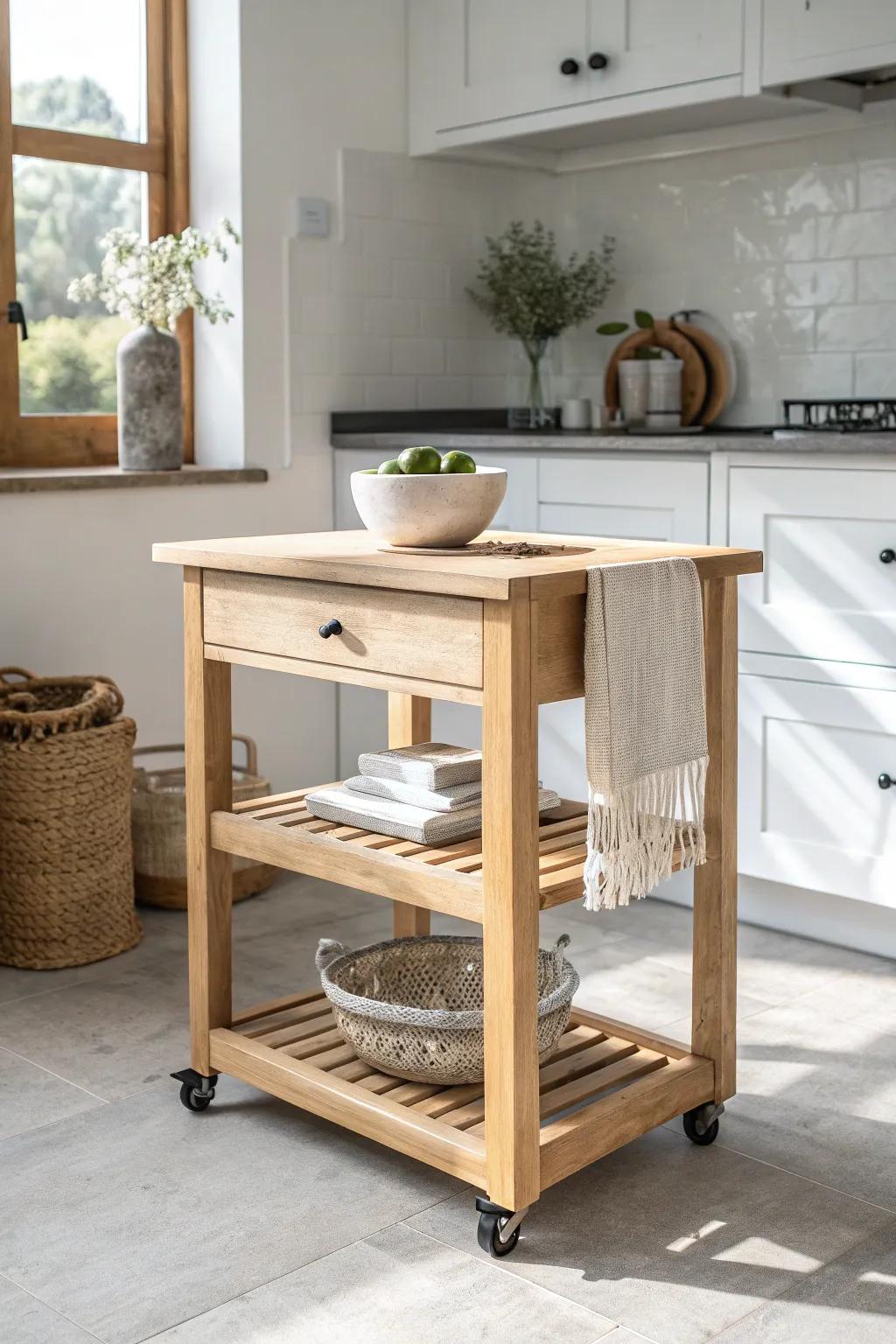 An L-shaped layout keeps the center open—add a slim cart for flexible prep space.