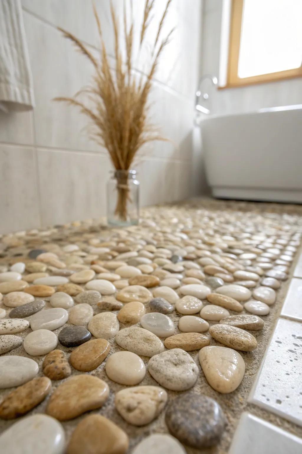 Spa-like pebble stone shower floor—grippy texture and calm minimalist vibes for small bathrooms.