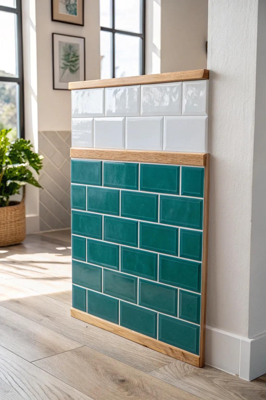 Teal half-wall tile + crisp white above: a small-bath trick that feels taller and stays splash-proof.