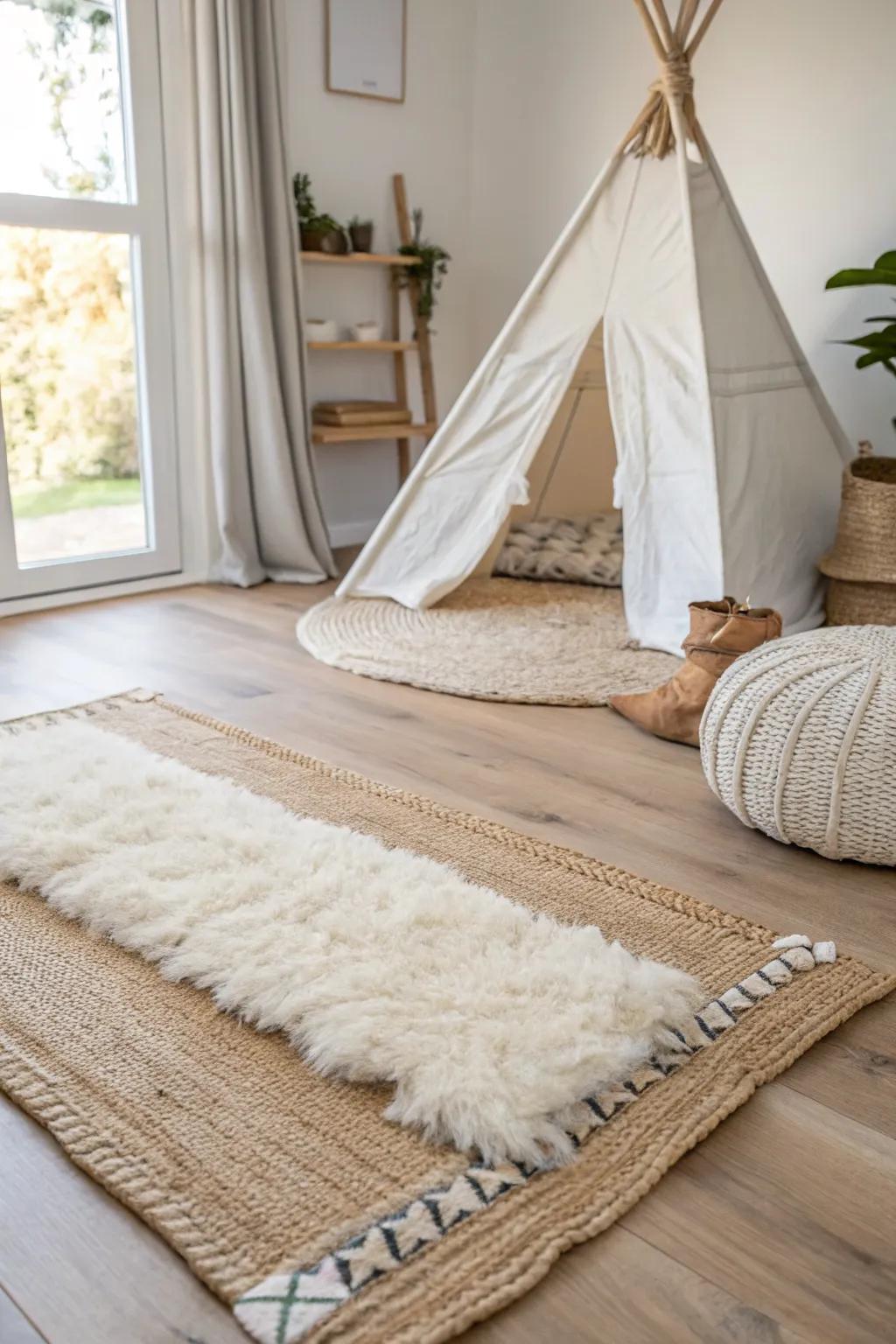 Layer a jute base with a fluffy sheepskin topper for instant plush, tent-worthy comfort.