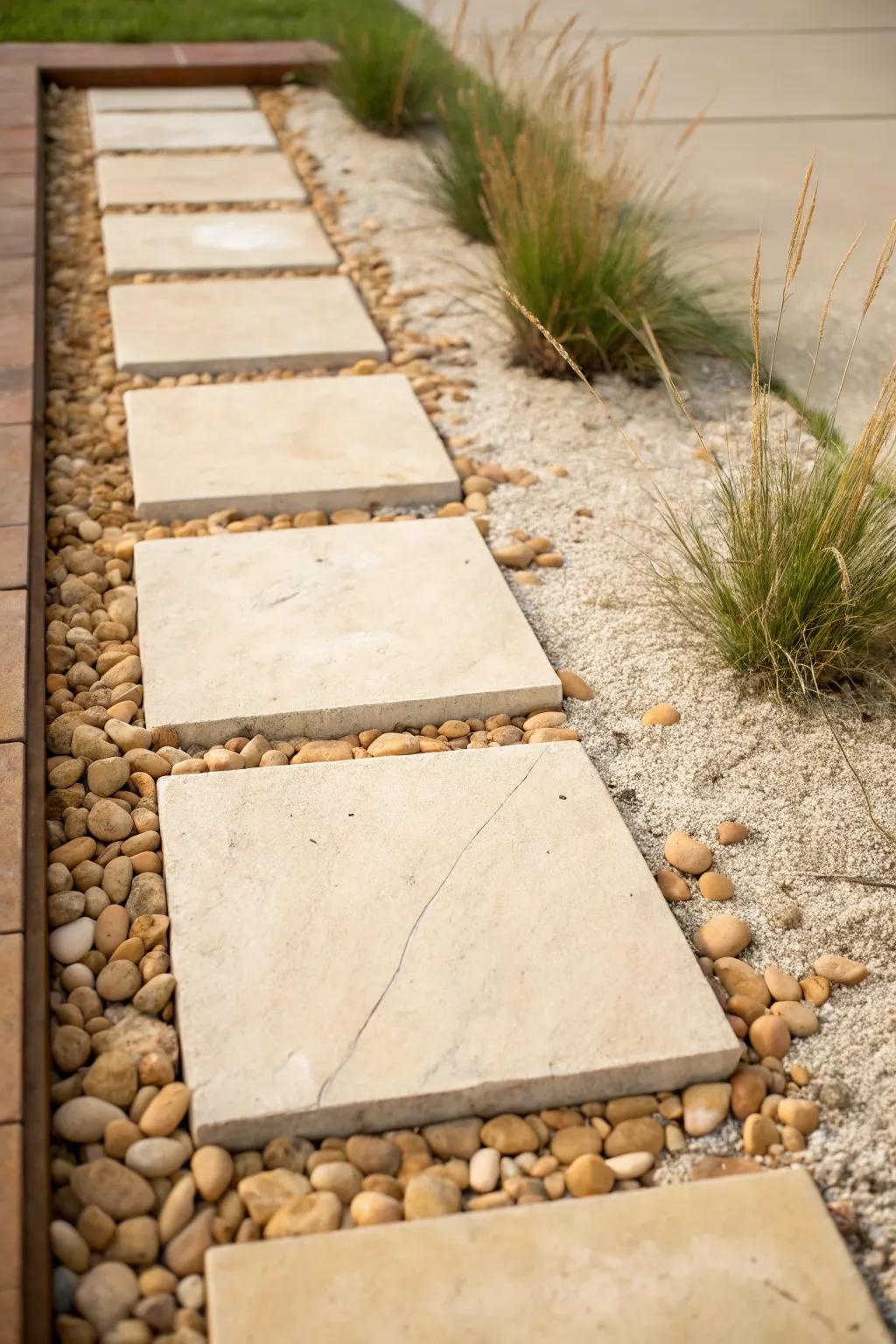A clean paver-and-gravel walkway instantly makes a tiny townhouse front garden feel wider.