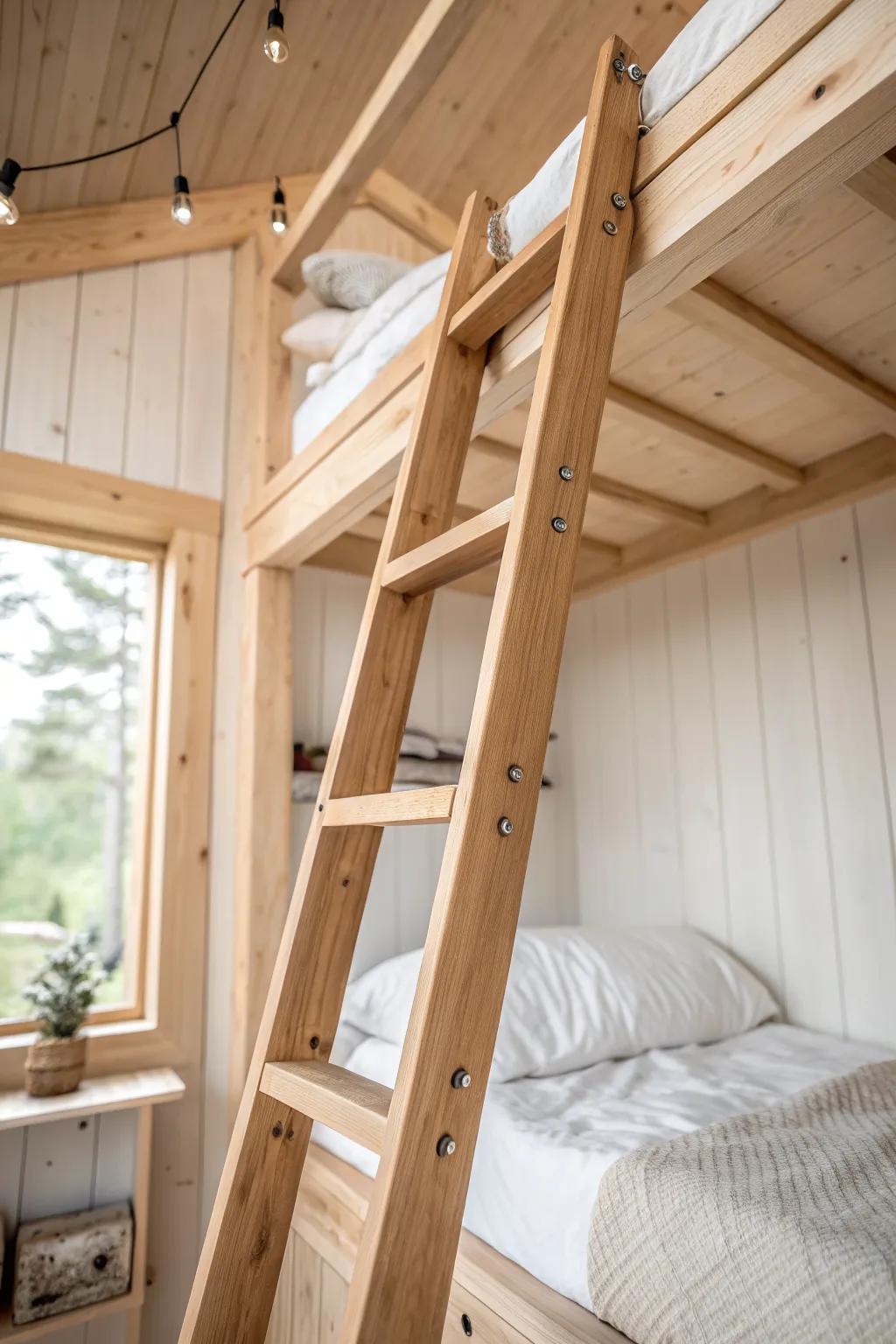 A slim wooden ladder to a cozy sleep loft—treehouse living that stays airy and uncluttered.