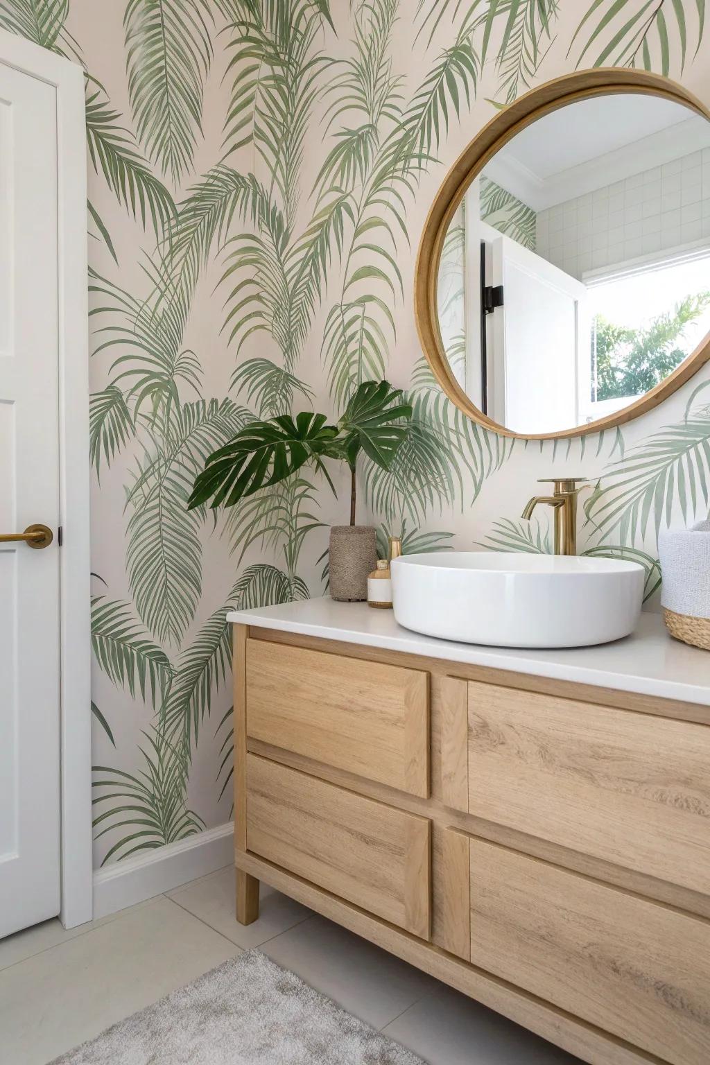 One palm-print wallpaper wall behind the vanity = instant resort vibe without shrinking the space.