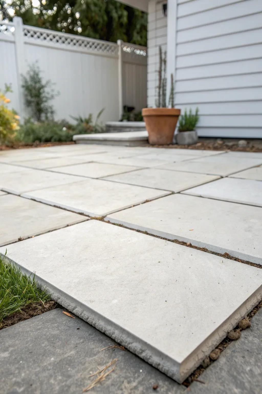 Oversized pavers make a tiny city patio feel like an outdoor living room—clean, calm, chic.
