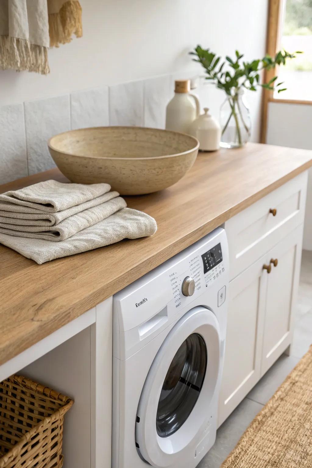 Built-in under-counter washer + continuous oak worktop for a sleek, back-saving folding spot.