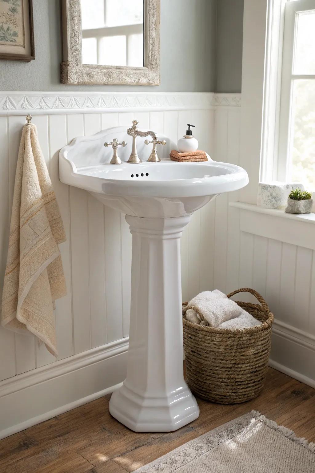 A Victorian pedestal sink keeps the floor open—perfect for making tiny bathrooms feel airy.