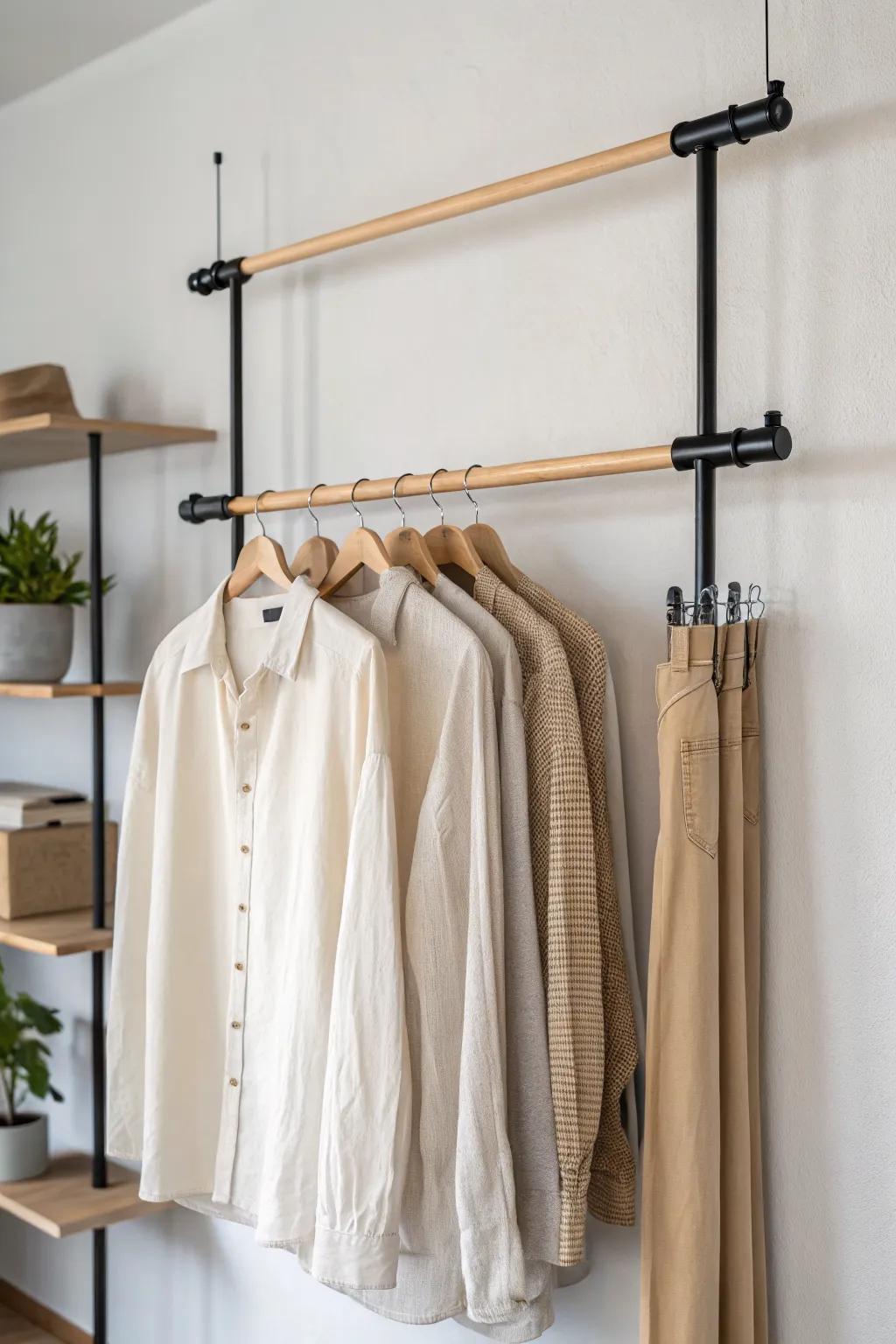 Double-rod hanging: twice the space for tops and bottoms in a tiny walk-in closet.