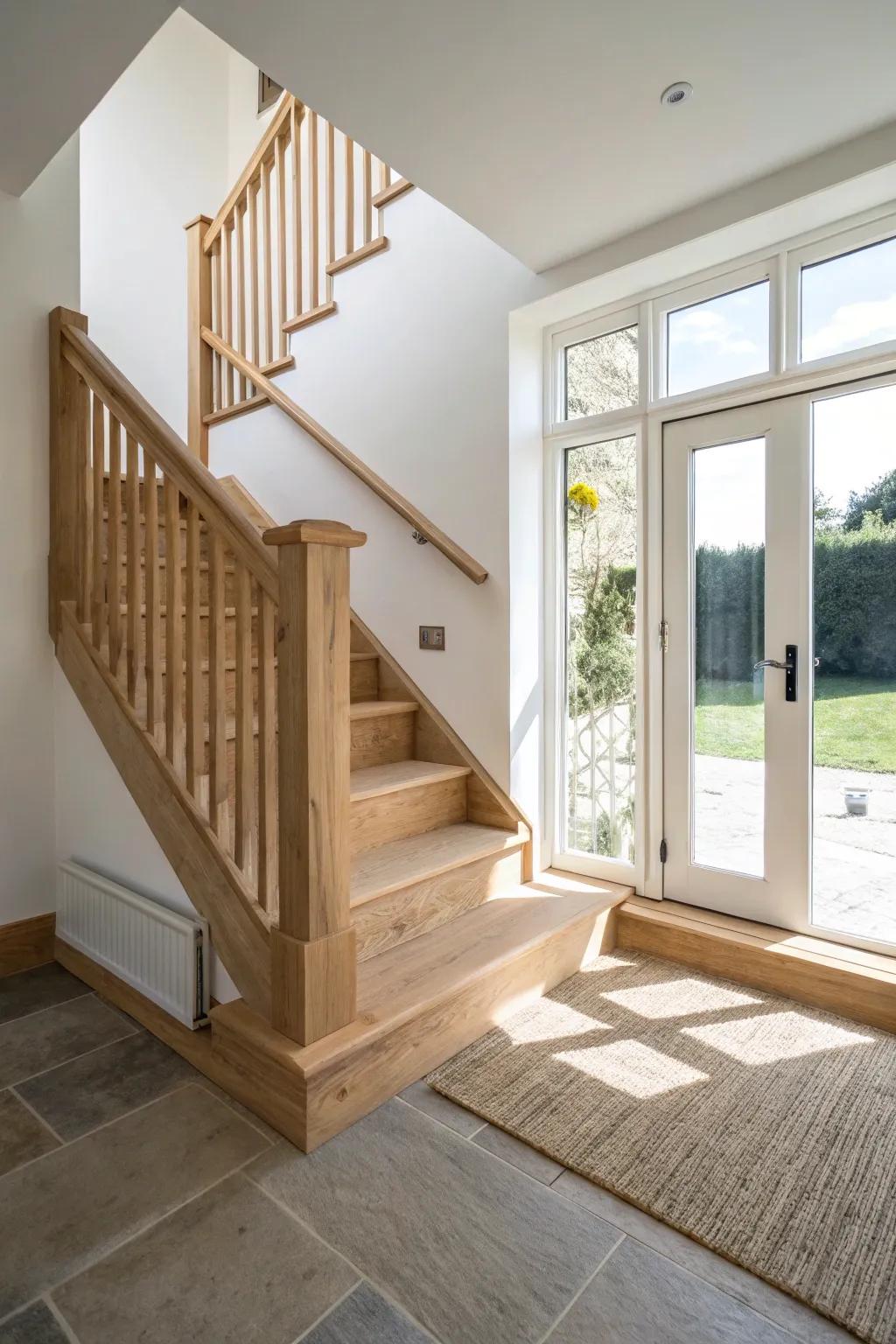Let your basement stairs land facing the brightest doors—an instant airy, welcoming feel.