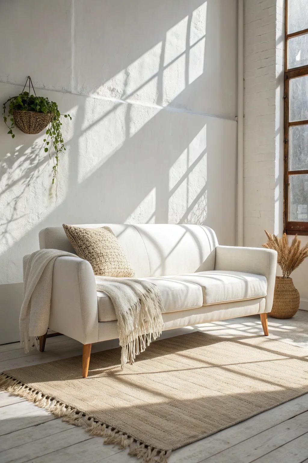 Float the sofa off the wall to keep a small white living room feeling light, open, and airy.