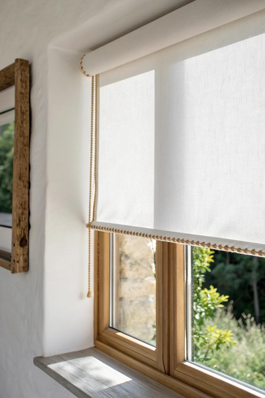 A barely-there linen roller shade keeps a tiny window bright, clean, and beautifully open.