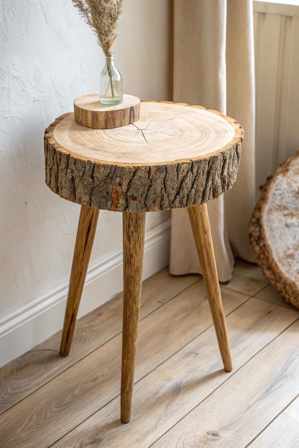 A thick wood round slab + three simple legs = the cutest sturdy side table for small spaces.