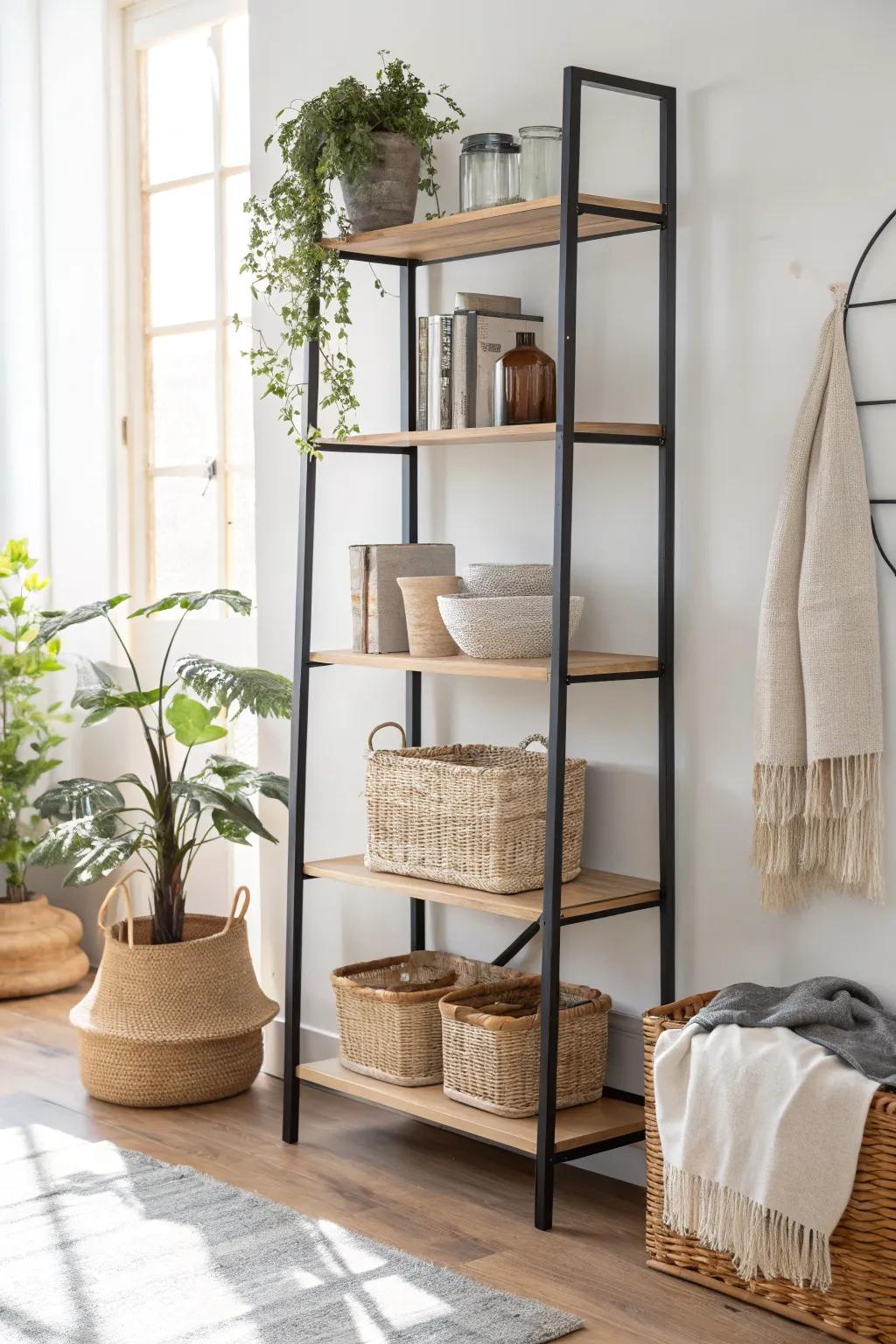 Floor-to-ceiling shelving that turns blank walls into beautiful, clutter-free storage.