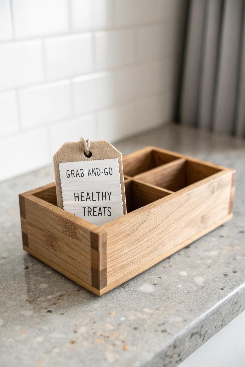 Label first, snack later: a simple caddy with grab‑and‑go, healthy & treats zones.