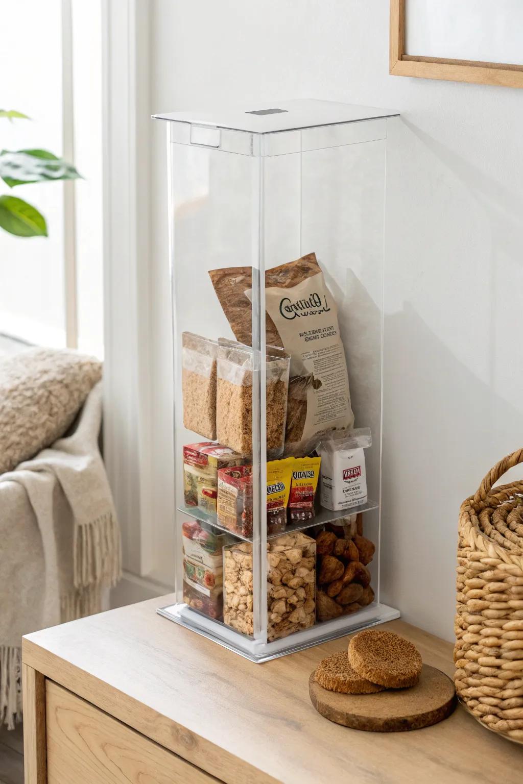 Swap bulky boxes for clear bins—see every snack at a glance and waste less.