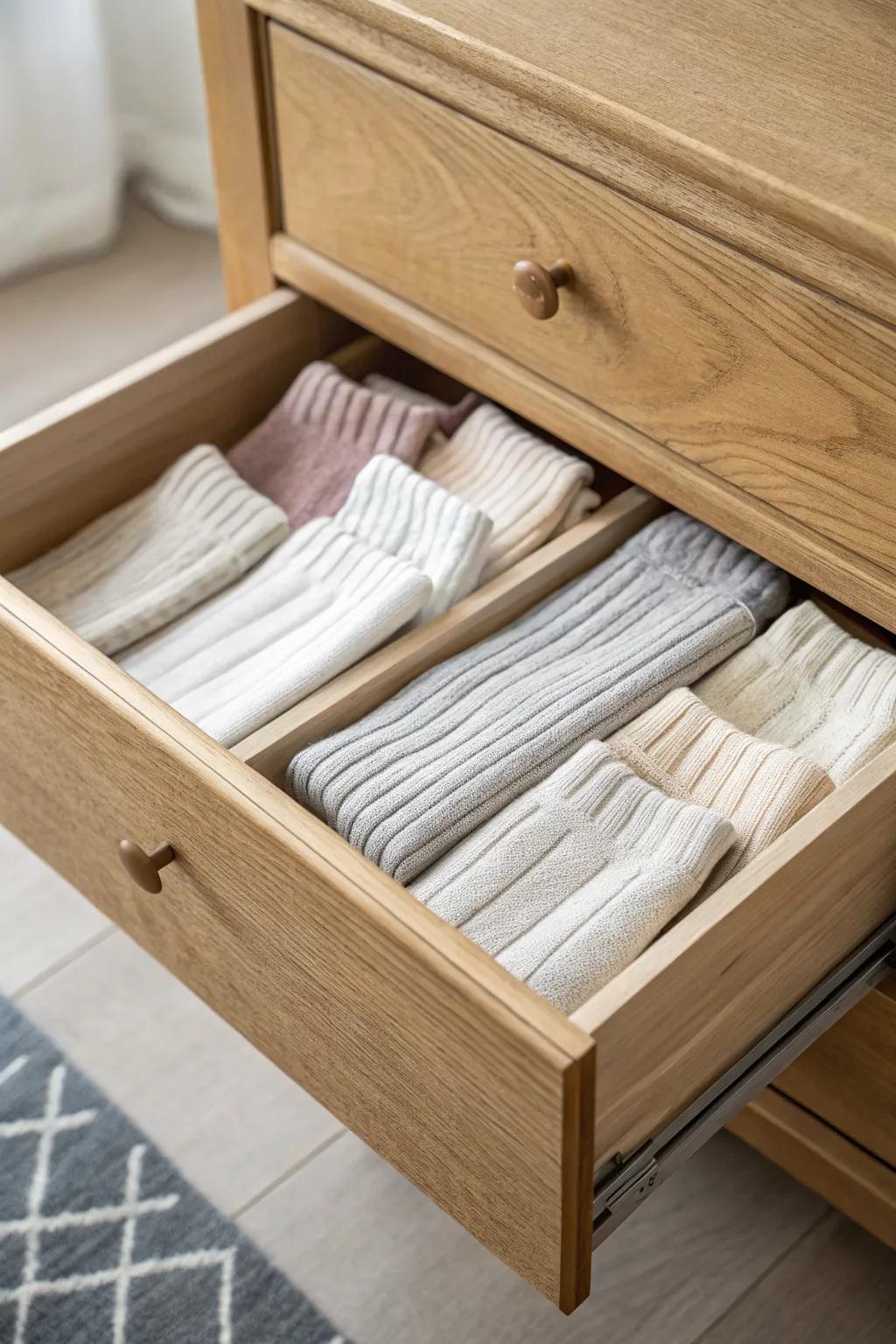 File-fold socks upright for a drawer that stays neat—like a tiny catalog of options.