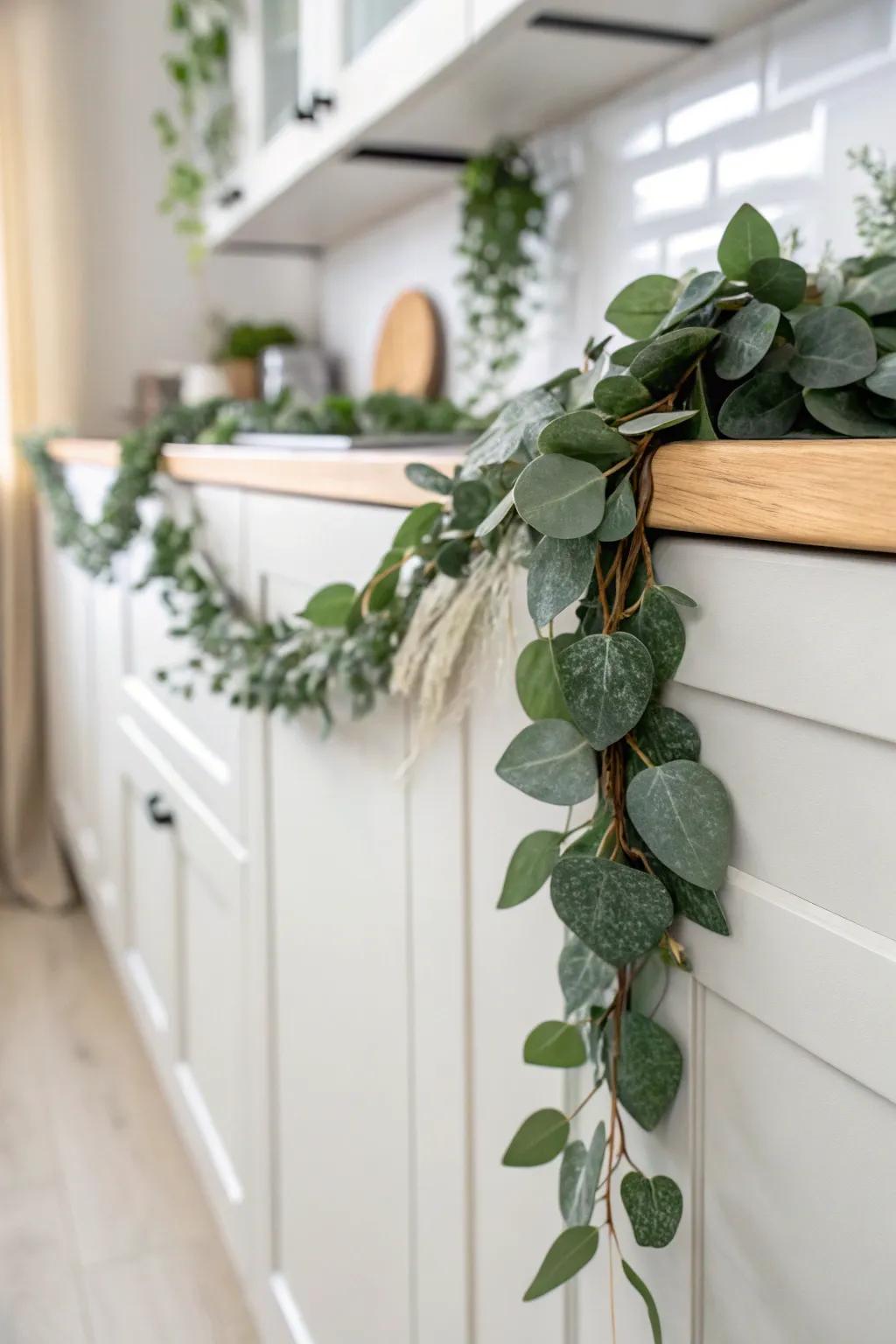 A simple faux greenery line above cabinets adds cozy softness—no watering required.