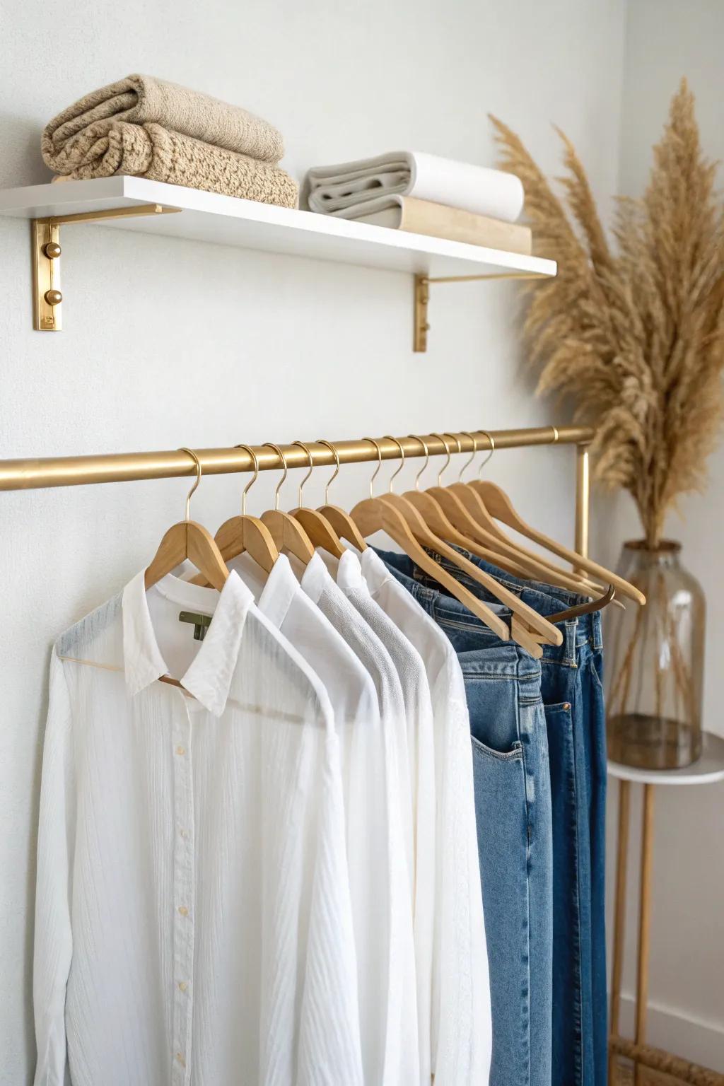 Double-hang closet rod: twice the hanging space for shirts above and jeans below.