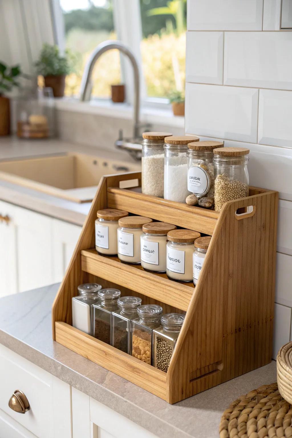 Tiered cabinet riser = instant stadium seating for spices, no more back-row chaos.
