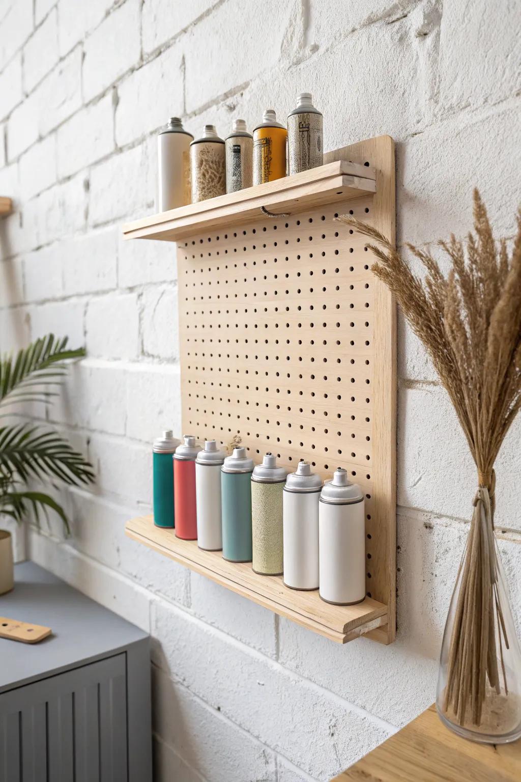 Birch pegboard shelf keeps spray paint upright, visible, and beautifully organized in small spaces.
