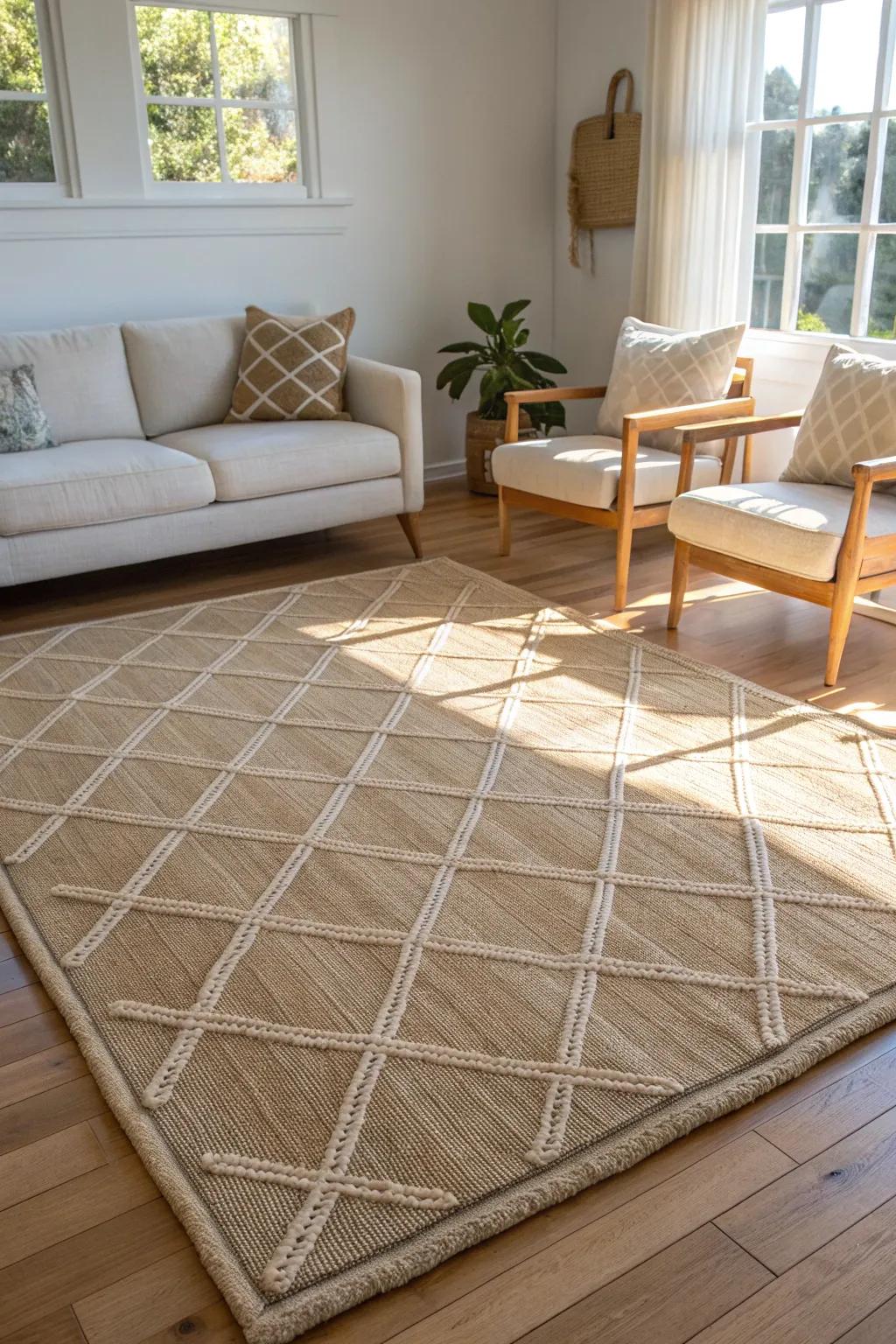 Let a big center rug anchor the room—float seating around it for easy walkways and airiness.