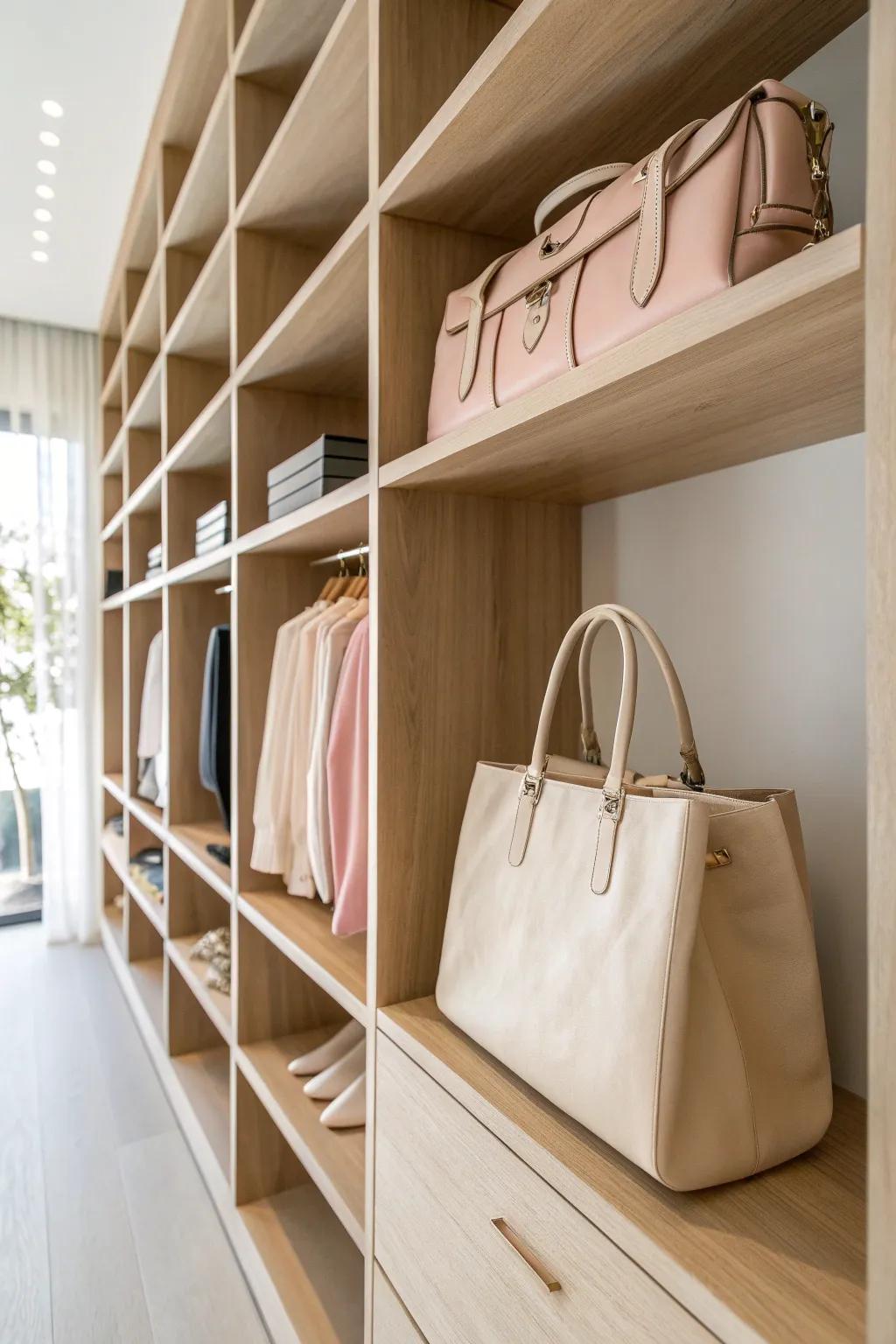 Keep everyday purses at arm’s reach—special-occasion bags higher for an easy grab-and-go shelf.