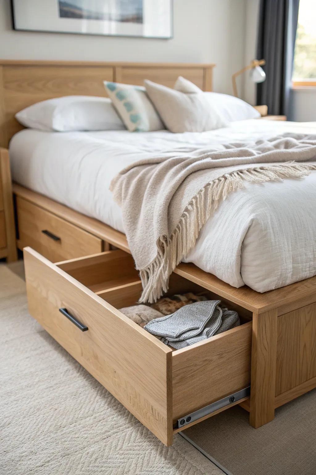 Built-in bed drawers free up floor space—swap the dresser for hidden storage in seconds.