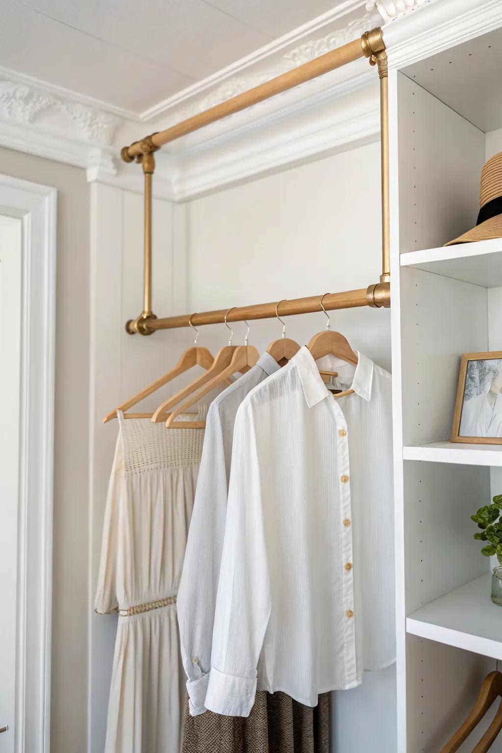 Double hanging rods turn one small closet into two tidy levels—separate lanes for every item.