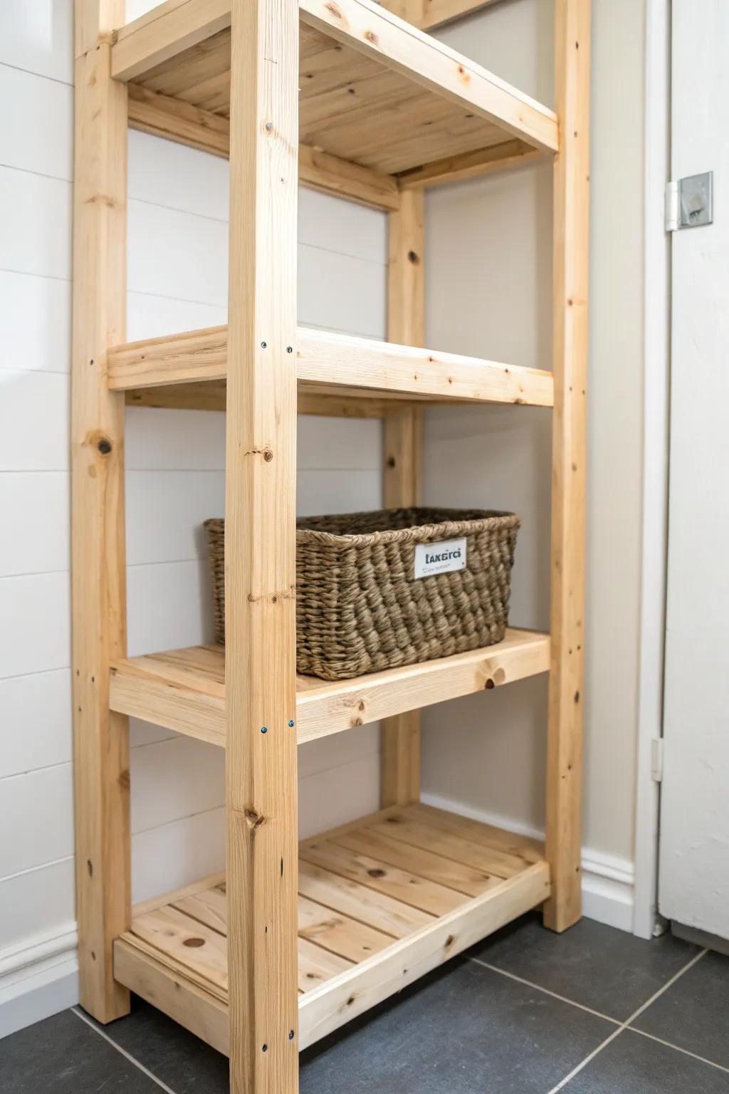 Sturdy DIY 2x4 shelves that won’t sag—perfect spacing for storage totes in small rooms.