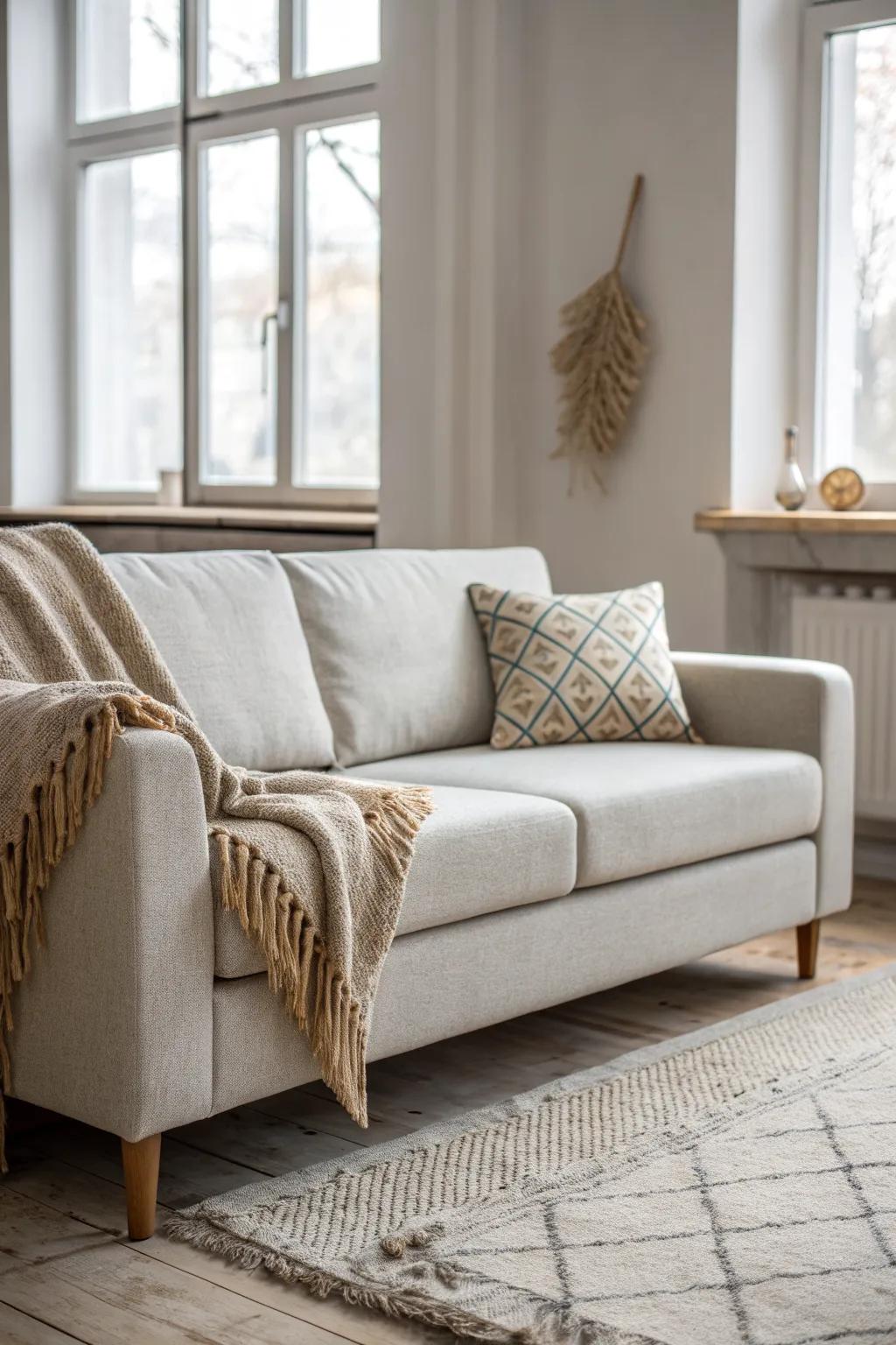 One-axis win: line up sofa and bed for a calm studio layout with more open walkway space.