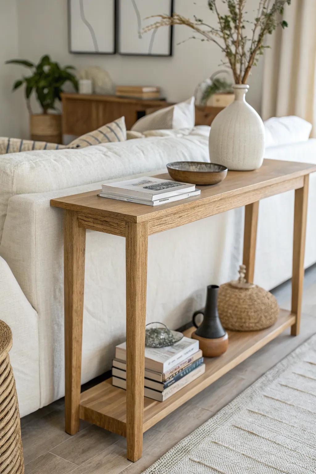 A slim console behind the sofa creates a subtle divider—so the bed feels like its own zone.