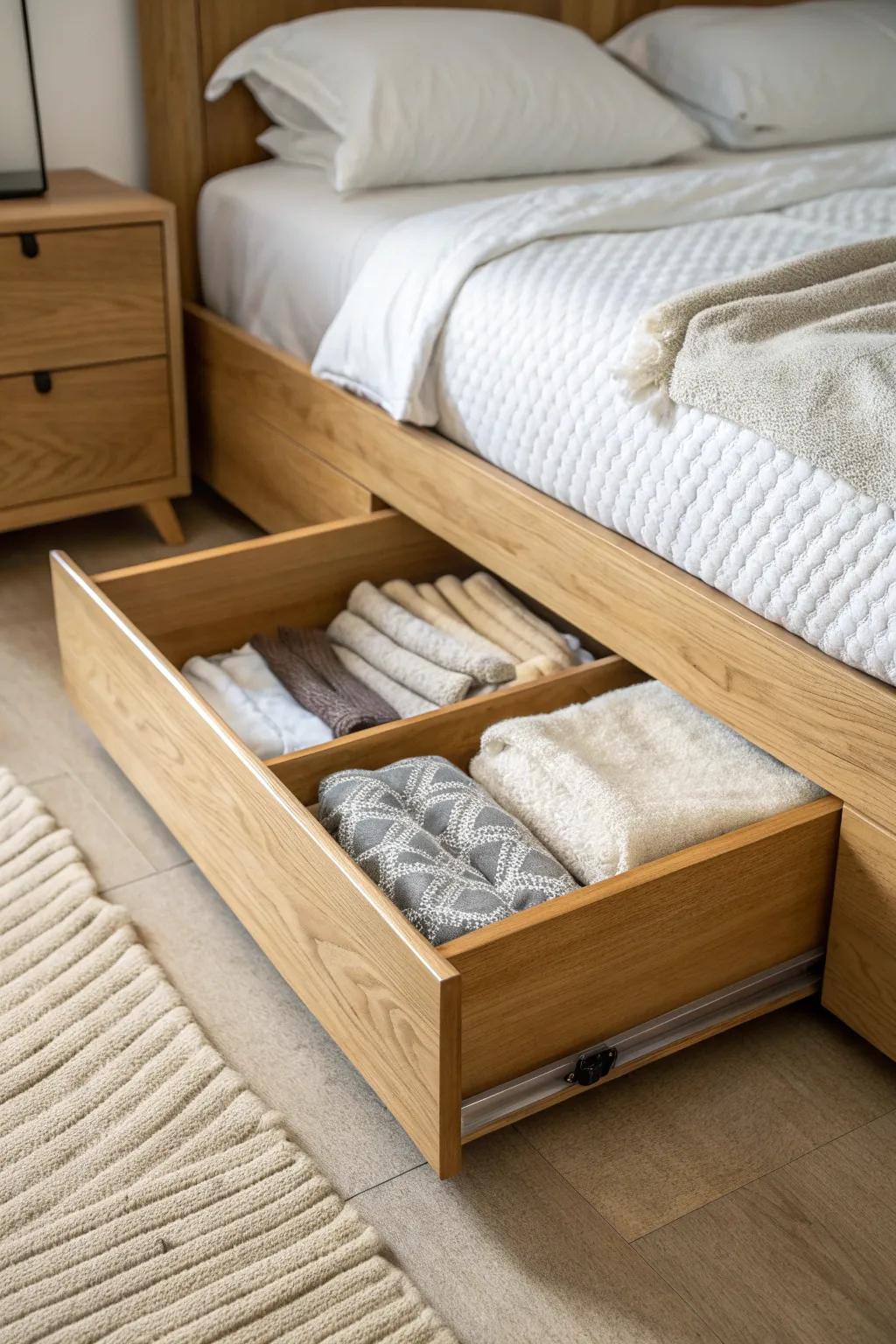 Use under-bed bins like a second closet—matching containers keep a studio calm and tidy.