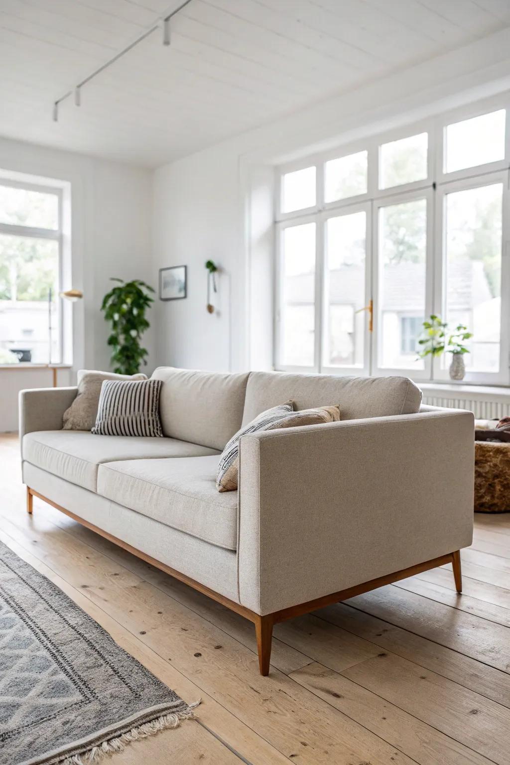 Float the sofa to divide your studio—instant two-zone layout without sacrificing light.