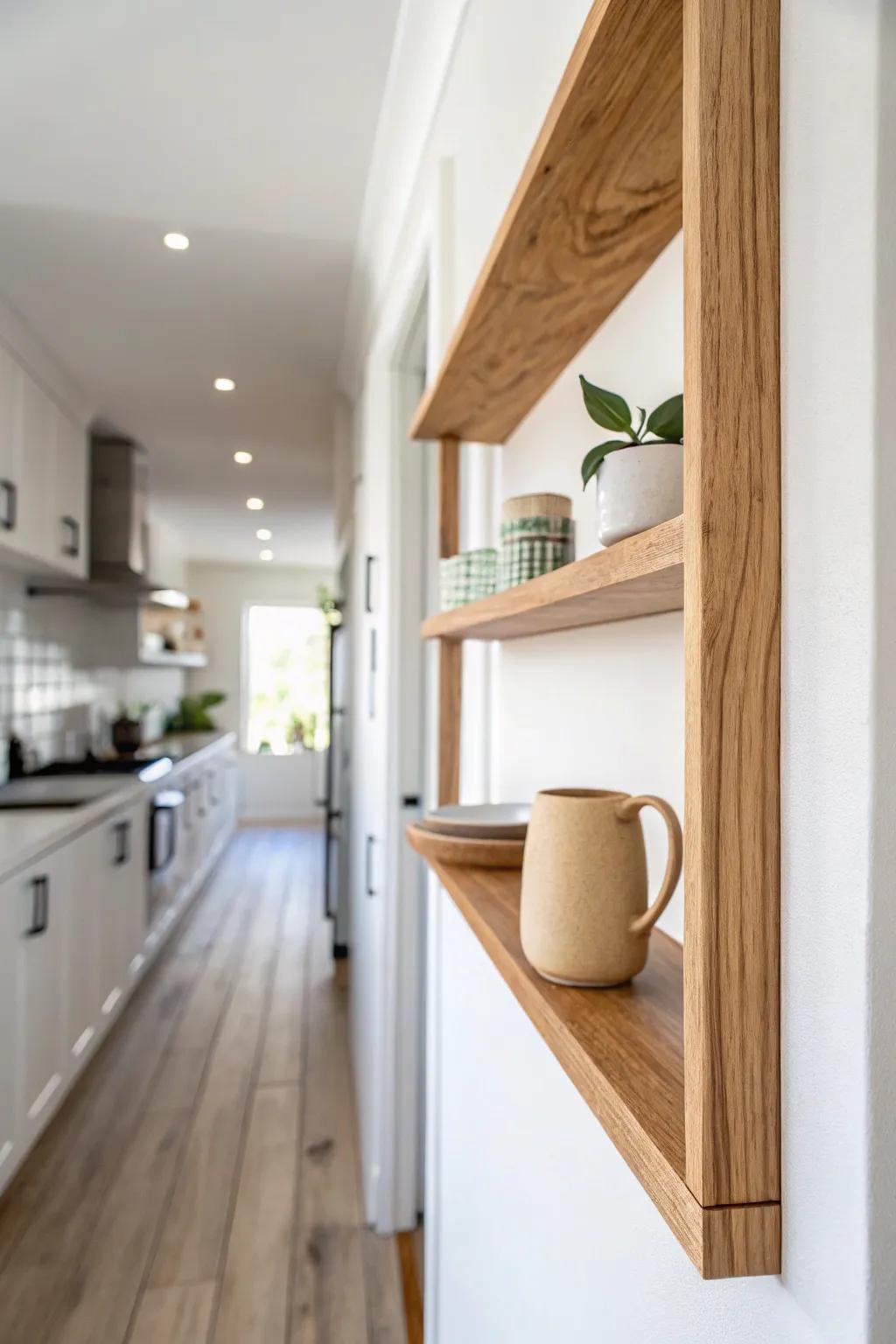 Airy galley trick: one slim oak shelf on the light side keeps the walkway feeling open.