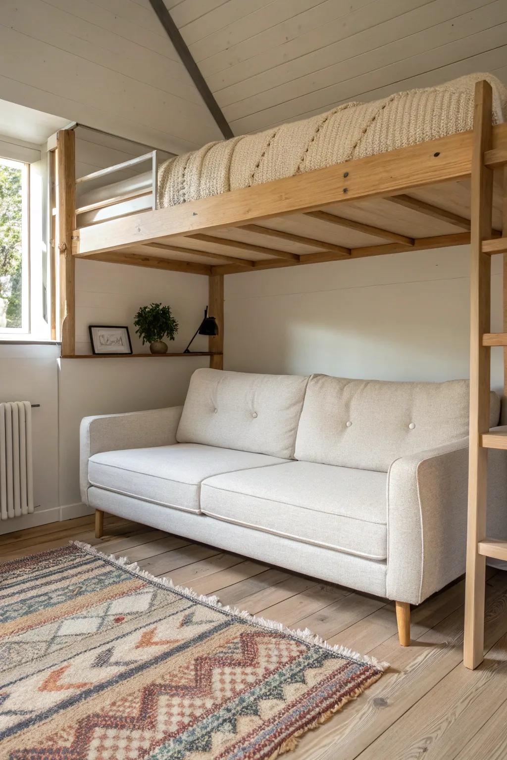 Tuck a petite sofa under your loft for a defined, cozy lounge—small space, big comfort.