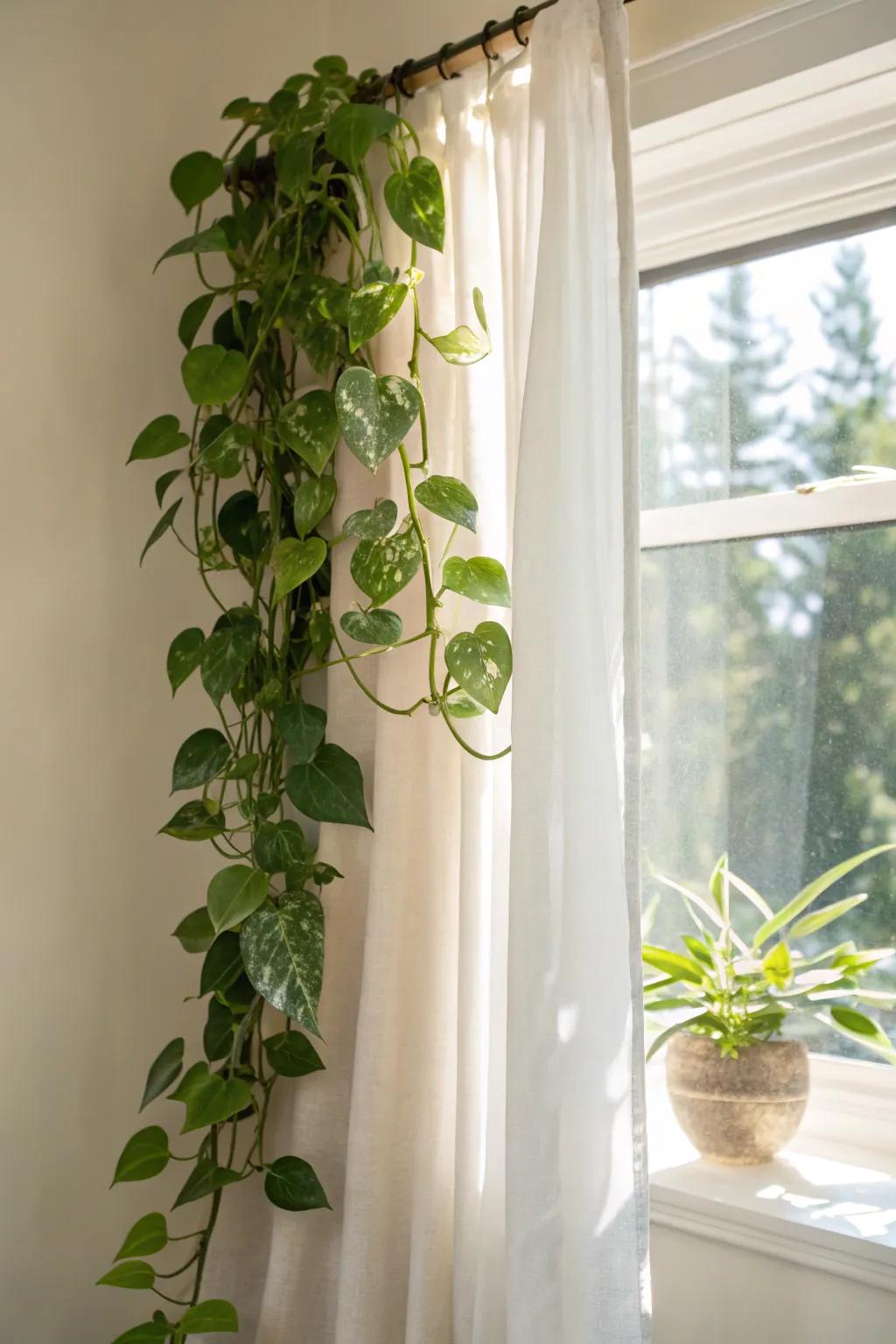 Train pothos along the window top for a lush “green curtain” that softens bright sunrooms.