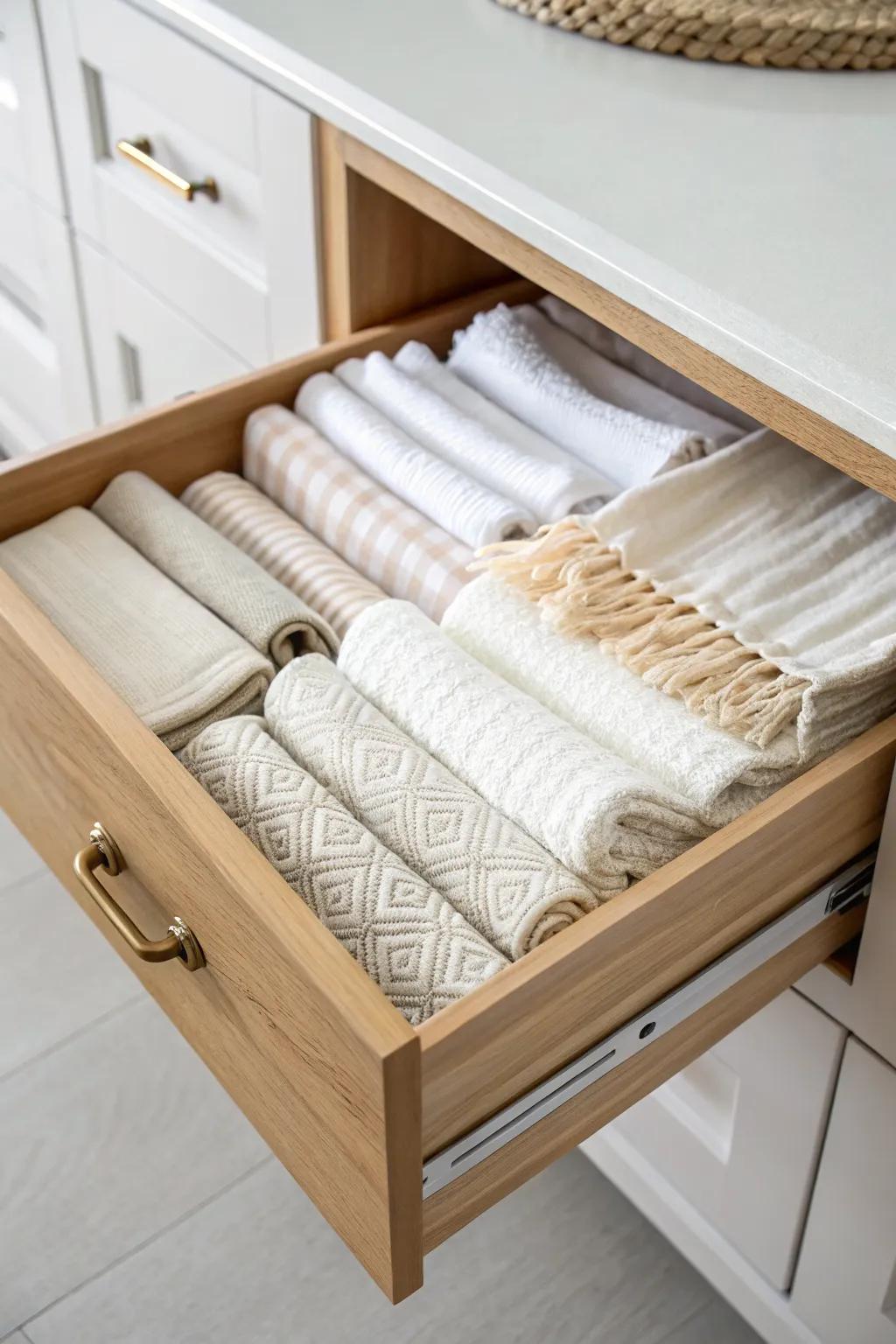 See every tablecloth at a glance—vertical file folds turn deep drawers into calm, tidy storage.